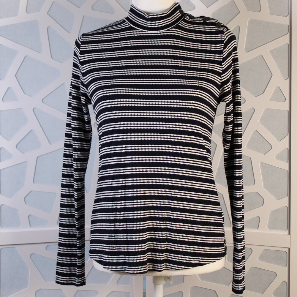 Free Assembly Women's Button Shoulder Mock Neck Ribbed Top, Dark Navy, Size Med